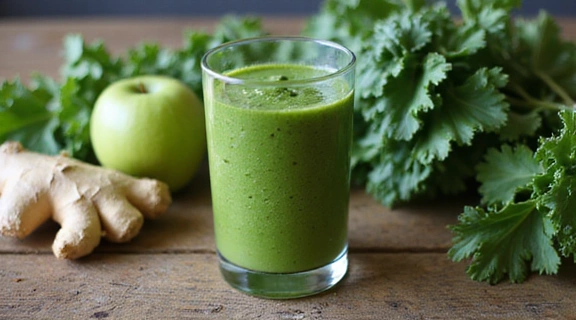 Imagen de un smoothie verde detox en un vaso con frutas y verduras frescas alrededor.