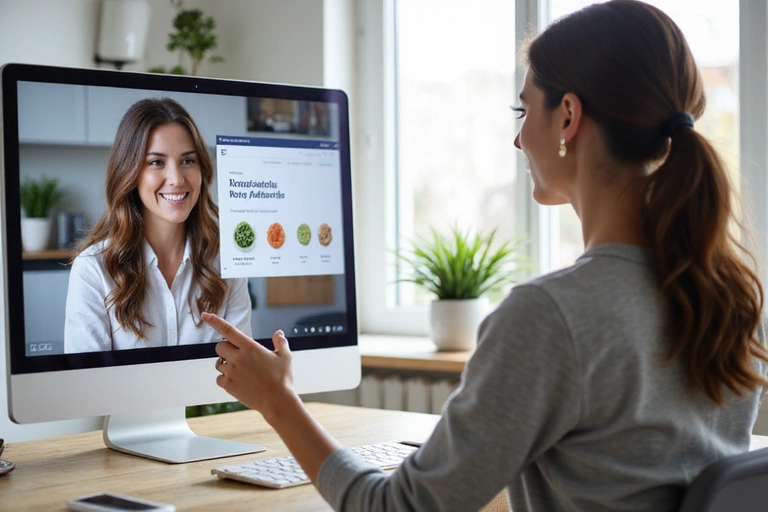 Nutricionista explicando un plan de alimentación online a una paciente en videollamada