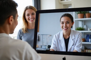 Nutricionista interactuando con un paciente durante una videollamada de consulta
