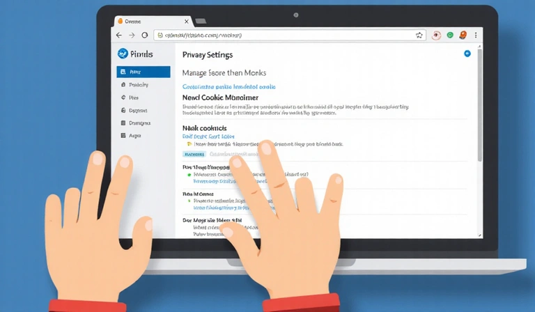 Ilustración de una persona gestionando la configuración de privacidad en un navegador web, simbolizando el control del usuario sobre las cookies.