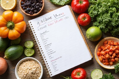 Imagen de un cuaderno con un plan de comidas y alimentos saludables
