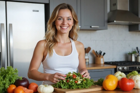 Mujer sonriendo mientras prepara una ensalada saludable