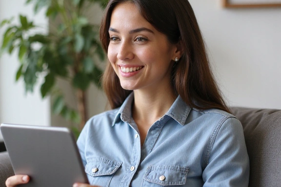Mujer joven sonriendo mientras reserva una consulta online en una tablet