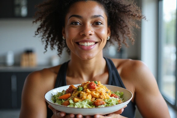 Atleta comiendo un tazón de comida saludable después de entrenar.