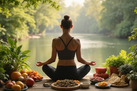 Persona meditando con alimentos saludables alrededor.